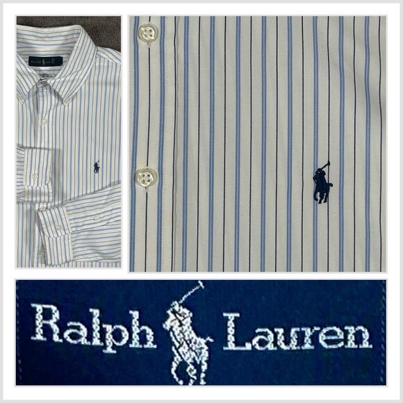 Ralph Lauren Men's XL White W/ Blue Stripes Button Down Long Sleeve Cotton Shirt - Picture 1 of 14